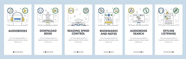 Libri audio sito web e app mobile schermate di onboarding Menu banner modello vettoriale per lo sviluppo di siti web e applicazioni App per telefono cellulare Audiobook ascolto offline Stile piano di arte a linea sottile