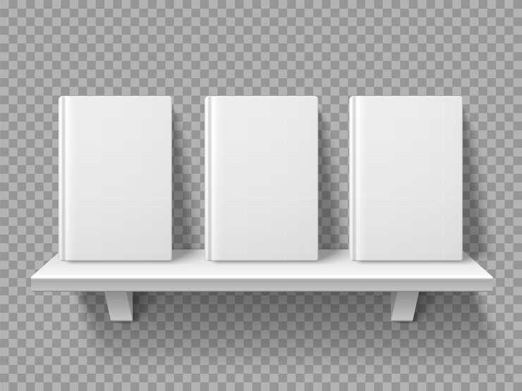 Vettore libri da libreria. volumi di libri realistici stanno sullo scaffale, mockup vuoto, presentazione frontale della libreria, vetrina della letteratura, copertina in cartone rigido bianco, concetto isolato 3d di vettore