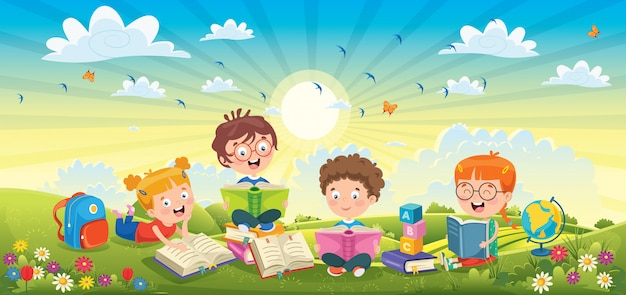 Libri di lettura dei bambini al paesaggio della primavera