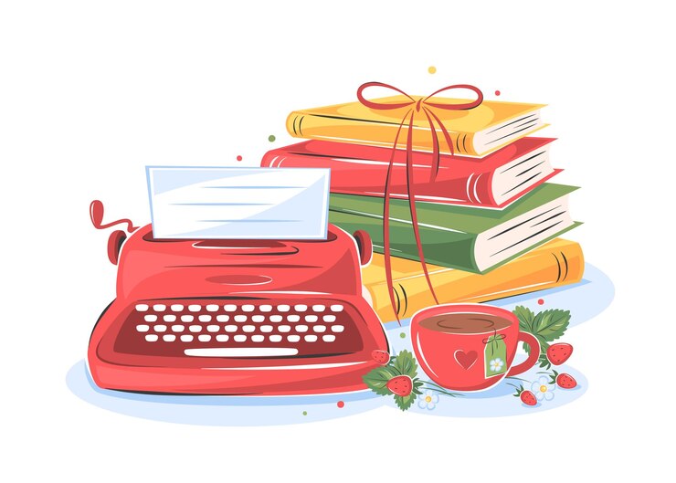 Vettore libri macchina da scrivere vintage tazza di tè con fiori e fragole elementi di design per libreria