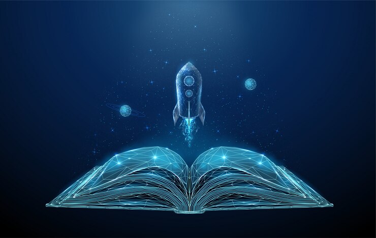 Libro aperto e razzo volante con stelle e pianeti.
