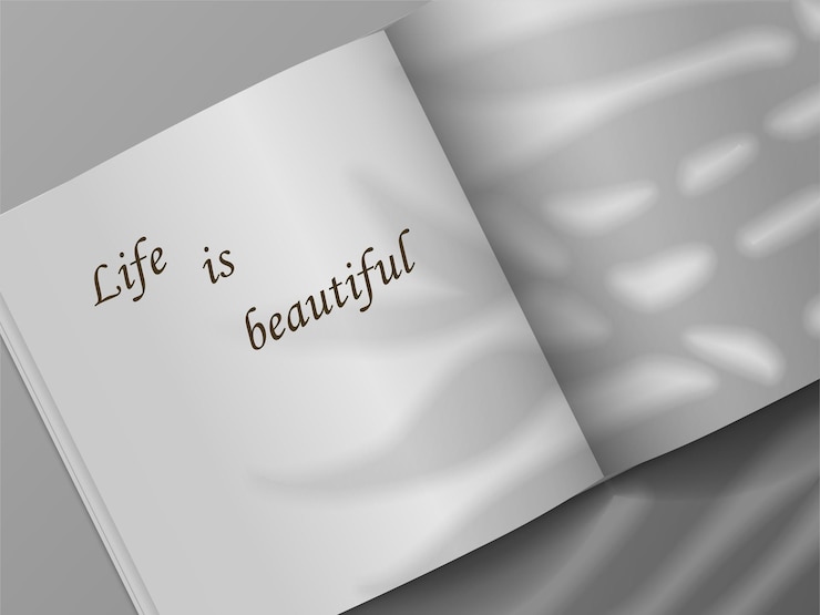 Vettore libro aperto modello di opuscolo realistico con effetto di sovrapposizione dell'ombra delle piante quaderno bianco 3d e foglie d'ombra vista superiore di fogli di carta con lettere motivazionali progettazione di pagine di blocco note vettoriale