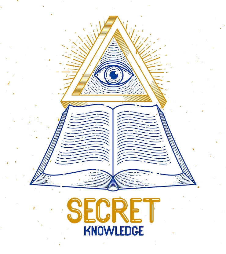 Vettore libro aperto vintage della conoscenza segreta con l'occhio onniveggente di dio nel triangolo della geometria sacra, intuizione e illuminazione, simbolo della muratura o degli illuminati, logo vettoriale o elemento di design dell'emblema.