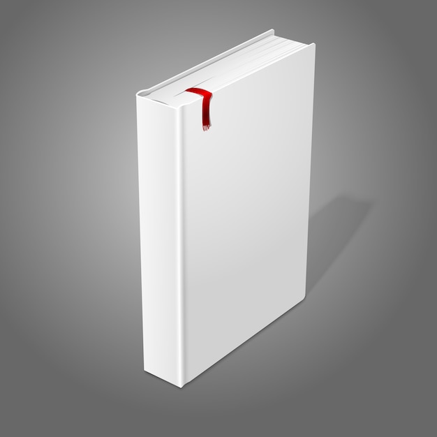 Libro con copertina rigida in bianco bianco in piedi realistico con segnalibro rosso