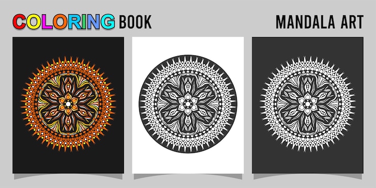 Vettore libro da colorare a forma di mandala isolato su sfondo bianco e nero accompagnato da contorni colorati