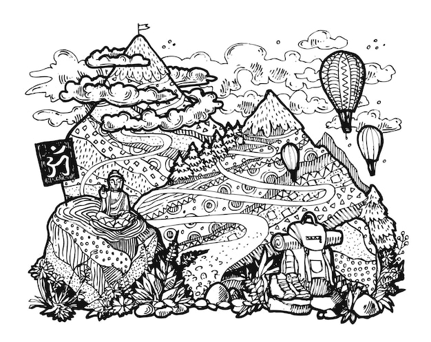 Libro da colorare antistress del paesaggio di montagna per adulti Illustrazione disegnata a mano