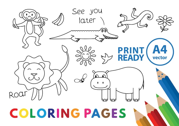 Libro da colorare di animali divertenti. Pagine di libri da colorare vettoriali per l'educazione dei bambini