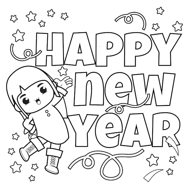 Libro da colorare di felice anno nuovo con ragazza carina3