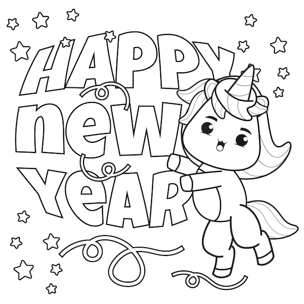 Libro da colorare di felice anno nuovo con unicorno carino2