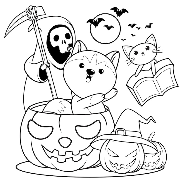 Libro da colorare di Halloween con simpatico husky22