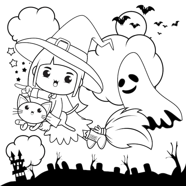 Libro da colorare di Halloween strega bambina carina16