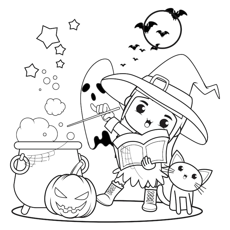 Libro da colorare di Halloween strega bambina carina19