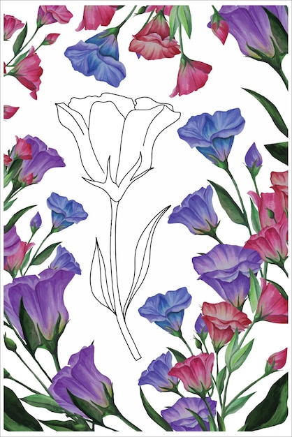 Libro da colorare di Lisianthus Flower eustoma con fiori per bambini e adulti fiore in doodle styleai