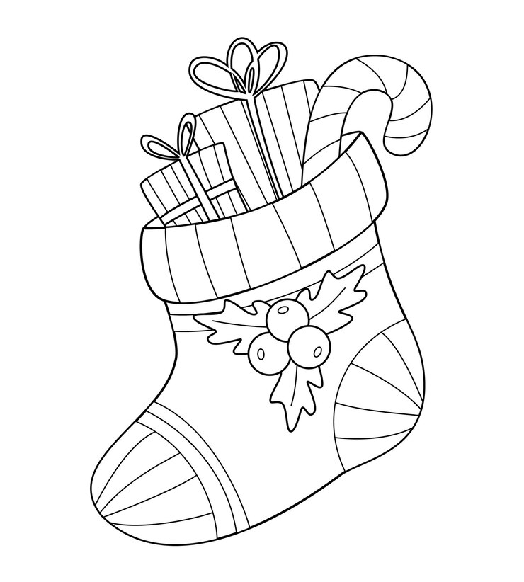 Libro da colorare di Natale con regali e un bastoncino di zucchero in una calza Contour New Years Drawing