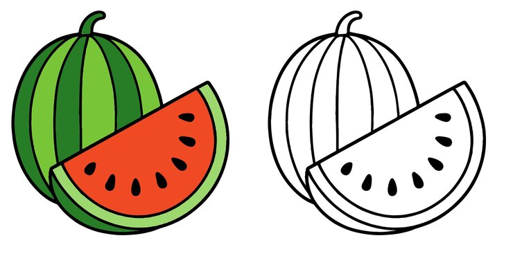 Vettore libro da colorare di un cocomero con una grande fetta tagliata su sfondo bianco