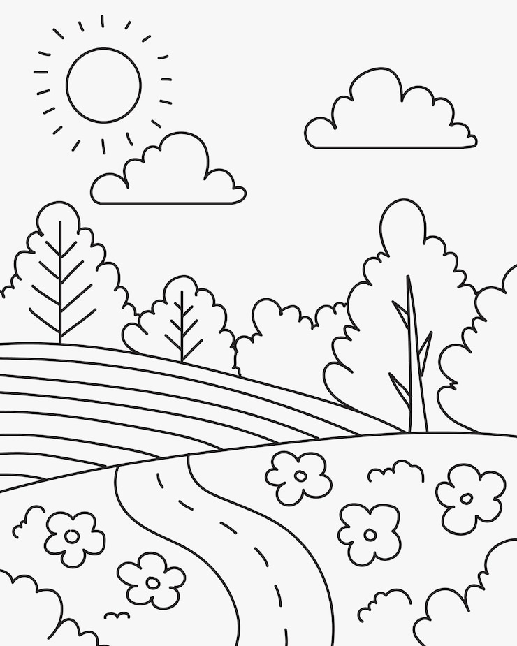 Vettore libro da colorare paesaggio di campagna con campi prati e alberi