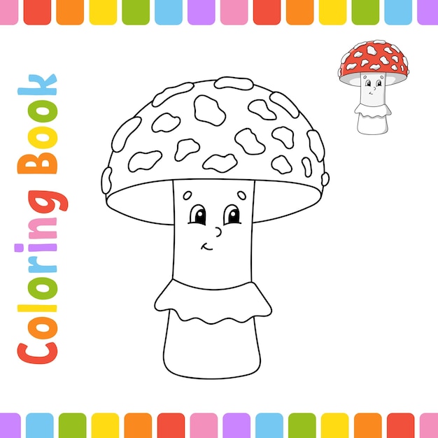Libro da colorare per bambini Carattere allegro Stile cartone animato carino Pagina fantasy per bambini Sagoma di contorno nero