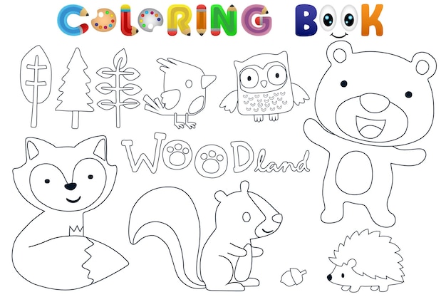 Libro da colorare vettoriale con cartoni animati di animali del bosco