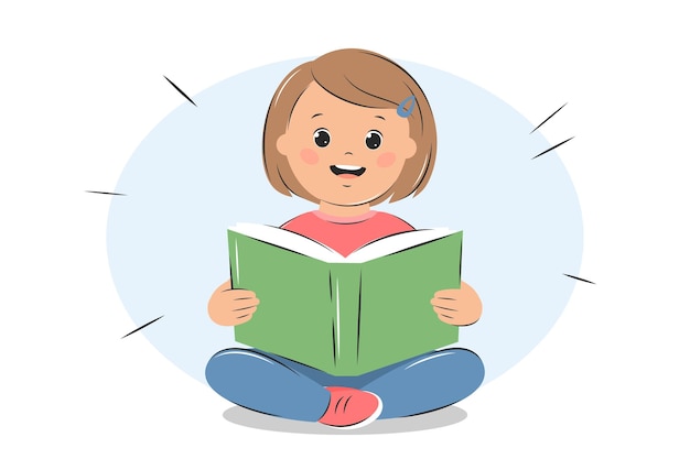 Libro di lettura del bambino della ragazza. Conoscenza e concetto di educazione.