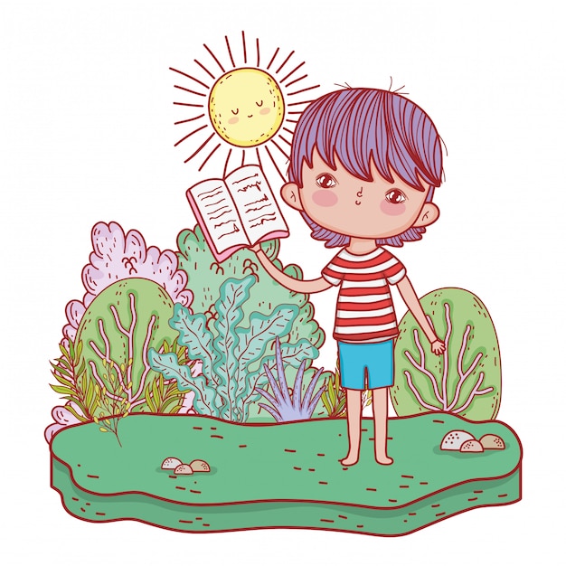 Libro di lettura felice del ragazzino nel giardino