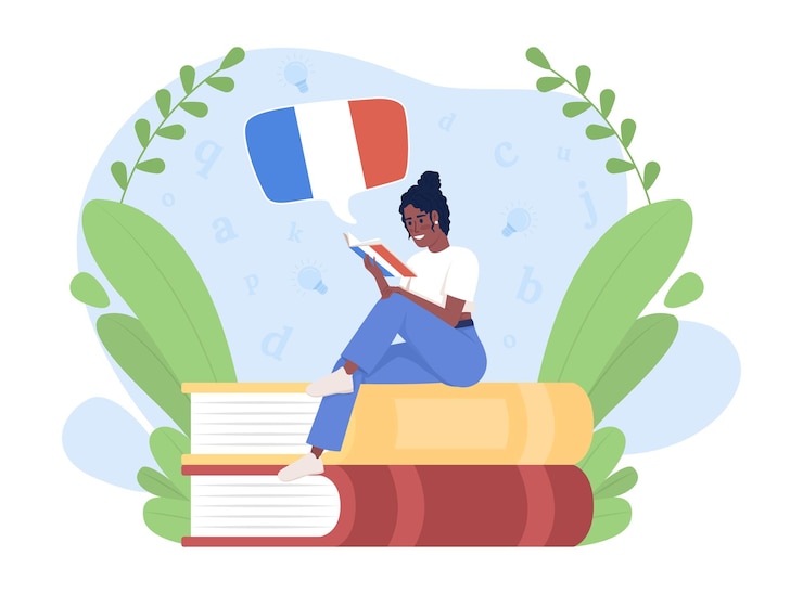 Vettore libro di lettura per imparare l'illustrazione isolata del vettore 2d francese