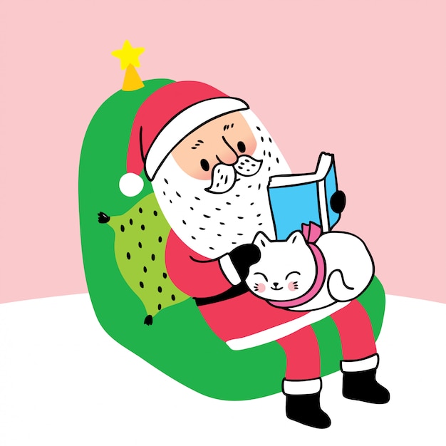 Libro di lettura sveglio del Babbo Natale di Natale del fumetto e gatto addormentato.