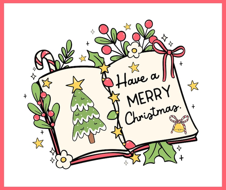 Vettore libro di natale aperto doodle disegnato festivo retro bookish per biglietti di auguri adesivi