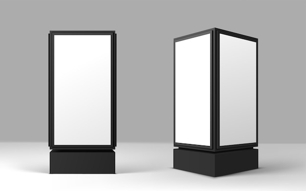 Lightbox pubblicità in bianco su sfondo grigio. Tabellone per le affissioni poster strada verticale. realistico