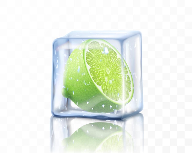 Lime maturo fresco mezzo in cubetto di ghiaccio isolato su sfondo trasparente Immagine vettoriale 3d realistica della calce congelata