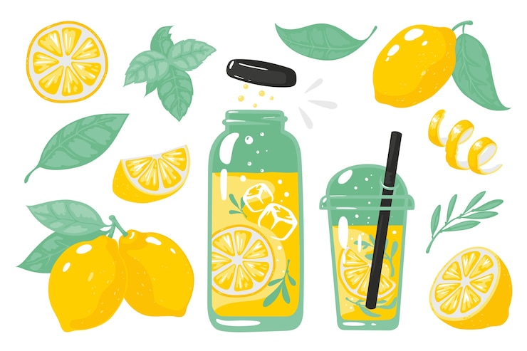 Vettore limone giallo disegnato a mano. limonata fredda estiva con fette di limone e paglia.