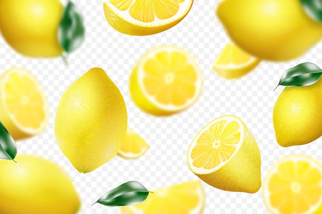 Limoni volanti interi e affettati con effetto sfocato sullo sfondo. Vettore 3d realistico su sfondo bianco