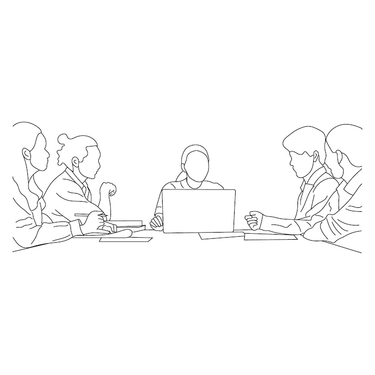 Vettore line art di uomini d'affari riuniti in un ufficio che lavorano insieme isolati su uno sfondo bianco