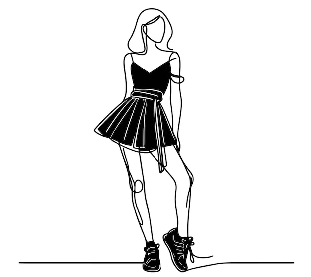 Line art sketch ballerina contorno silhouette ragazza in vestito corto nero e bianco