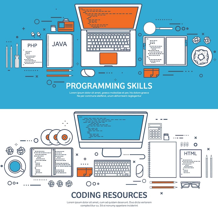 Vettore line programming coding e seo outline computing background code hardware software web development