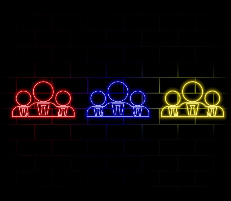 Vettore linea al neon luminosa icona del gruppo di utenti isolata su sfondo nero icona di gruppo di persone avata aziendale
