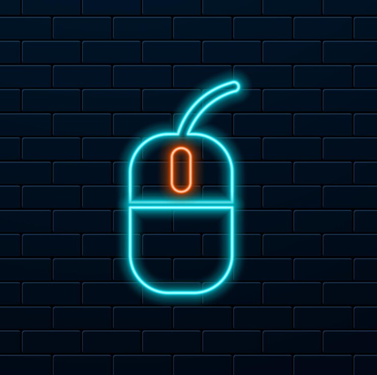 Vettore linea al neon luminosa iconica del mouse del computer isolata su sfondo nero ottica con simbolo della ruota colorfu