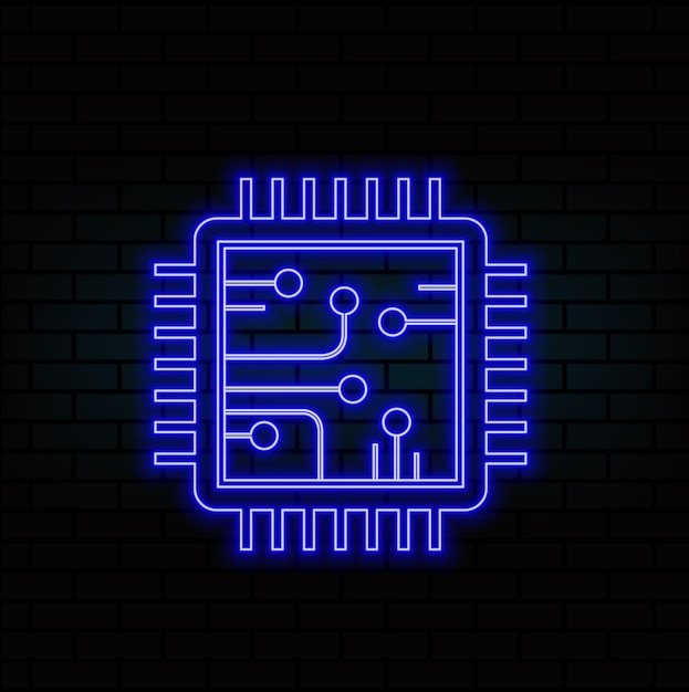 Linea al neon luminosa Processore di computer con microcircuiti Iconica CPU isolata su sfondo nero Chip o
