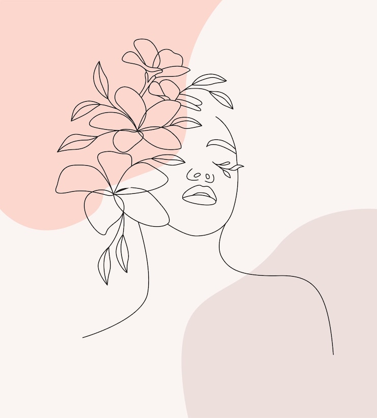 Vettore linea arte del viso di una bella donna e fiori eleganti