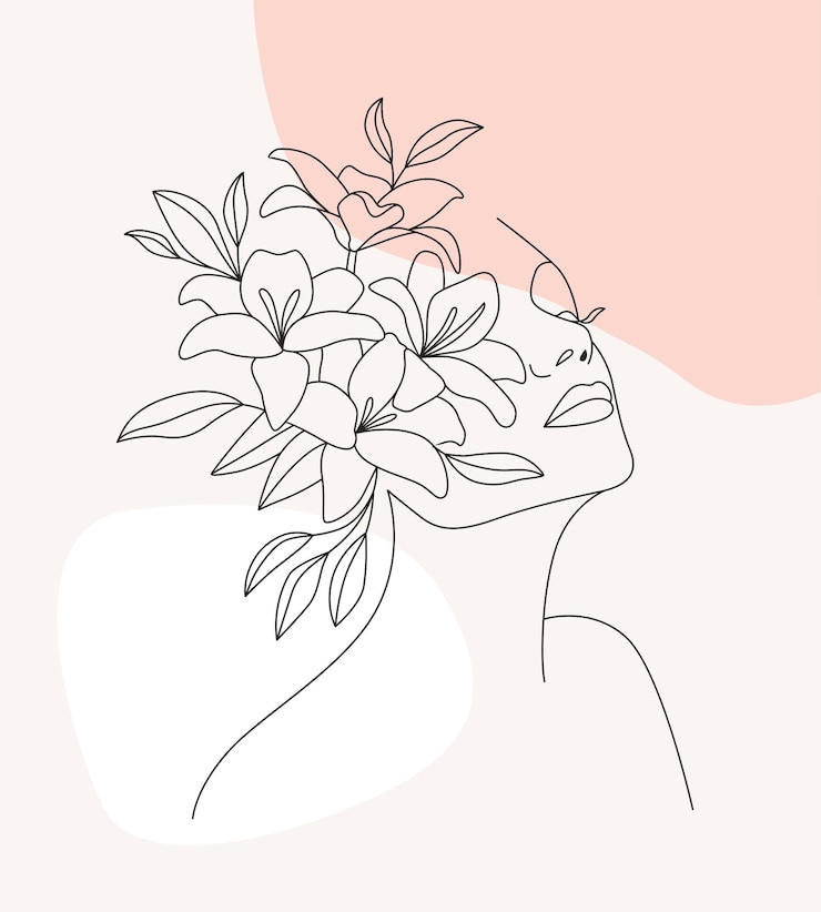 Vettore linea arte del viso e dei fiori di bella donna
