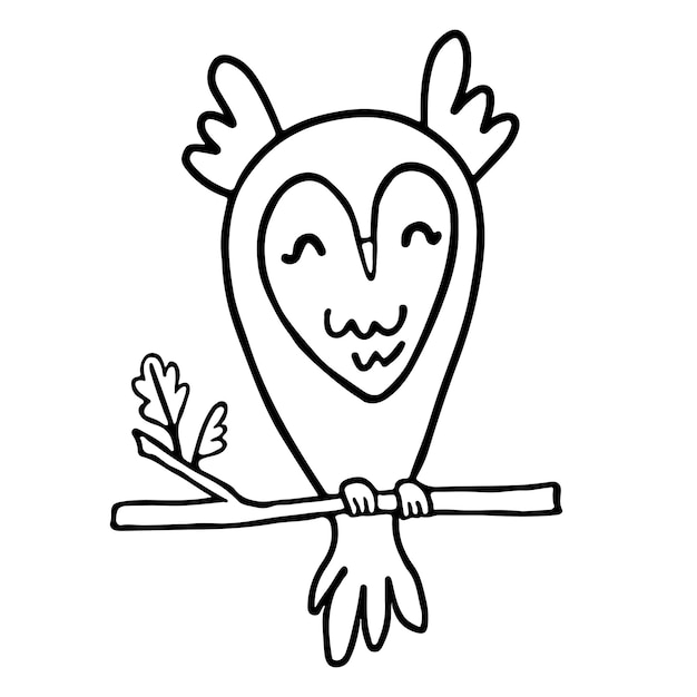 Linea arte disegnata a mano del simpatico gufo seduto sul ramo in stile doodle