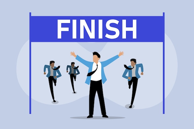 Linea di arrivo dell'uomo d'affari che celebra il successo applausi degli amici dietro