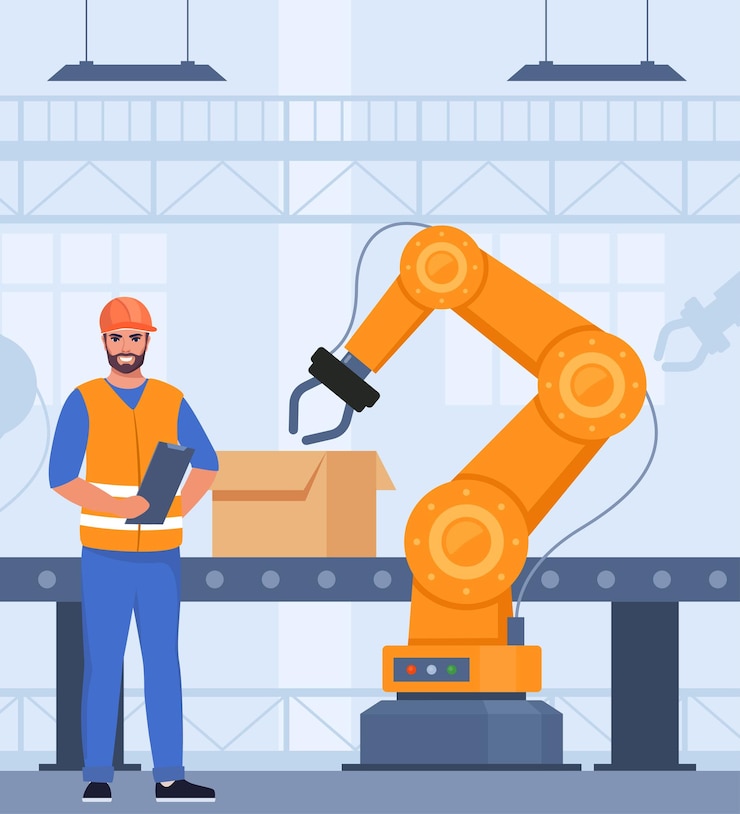 Vettore linea di produzione automatizzata con tecnologie robotiche ingegnere