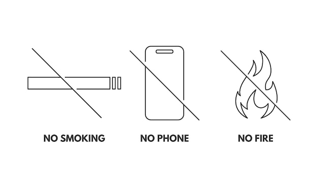 Linea minima Non fumare, No telefono, No fire with slash, Outline symbol collection, Non consentito simbolo