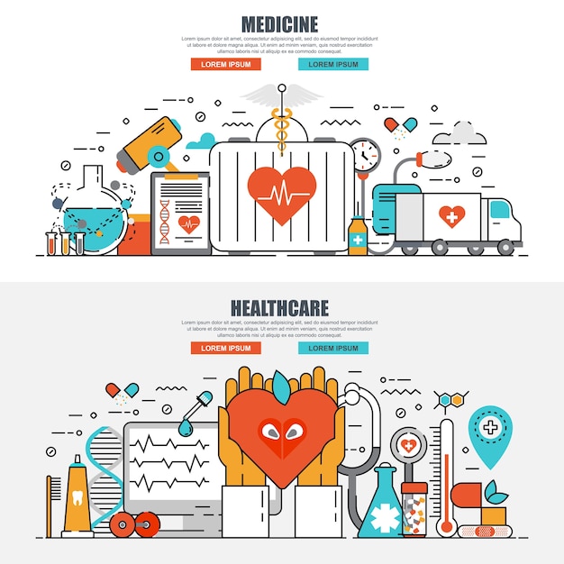 Linea piatta concetto di medicina e assistenza sanitaria