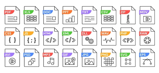 Linear file format icons with various format PDF JPG and MP3 JS and XML DLL and SVG CSV and PSD PNG and DOC File types with document extension Vector isolated set