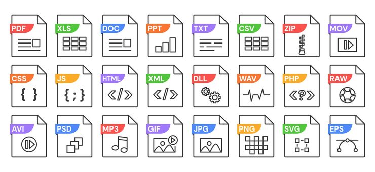 Vettore linear file format icons with various format pdf jpg and mp3 js and xml dll and svg csv and psd png and doc file types with document extension vector isolated set