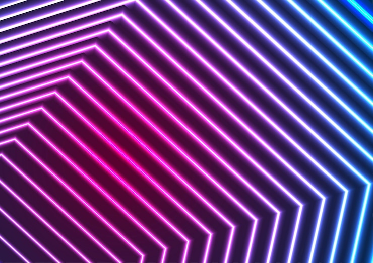 Vettore linee di raggi laser al neon blu e ultravioletti sfondo astratto design iridescente fluorescente vettoriale