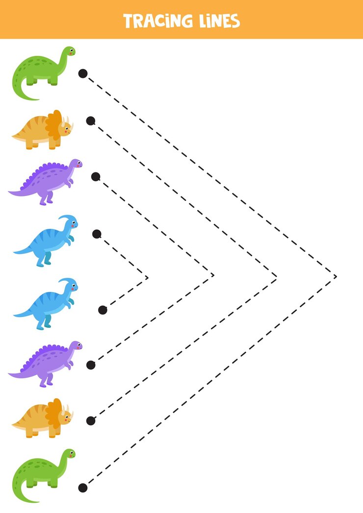 Linee di tracciamento per bambini Simpatici dinosauri colorati Pratica di scrittura