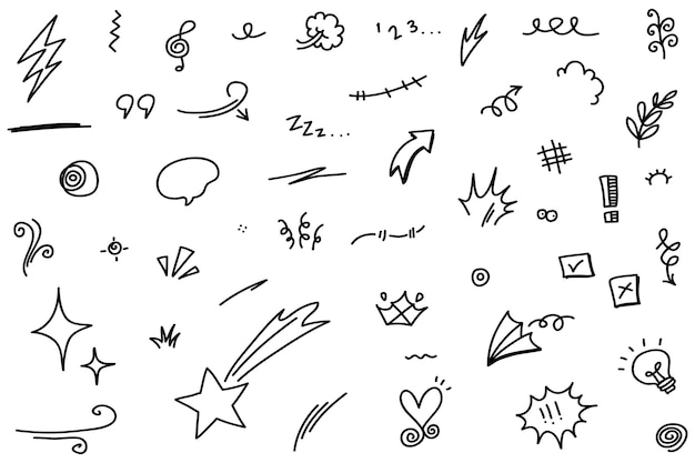 Linee Doodle Frecce cerchi e curve vettori elementi di progettazione disegnati a mano isolati su sfondo bianco per l'illustrazione vettoriale infografica