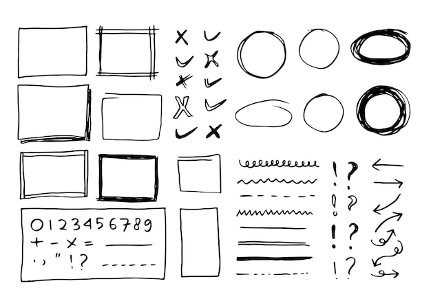 Linee e curve vettoriali di doodle Segni di controllo e frecce disegnati a mano Insieme di semplici linee di doodle.